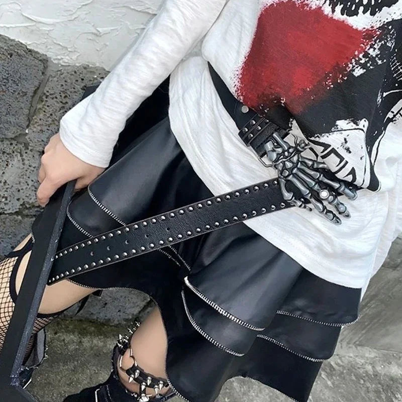 Punk Skull Hand Belt – Gothic Y2K Skeleton Hand Leather Belt with Rivets for Men and Women, Harajuku Halloween Accessories belt LUNARITY GARAGE   