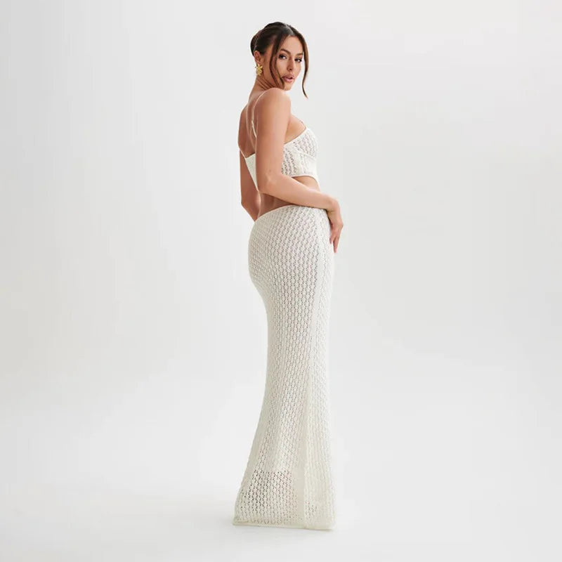 Women Long Knitted Beach Dress - Hollow Out Deep V-Neck Sleeveless Bikini Cover Up Fall Backless Holiday Dress beach dress LUNARITY GARAGE