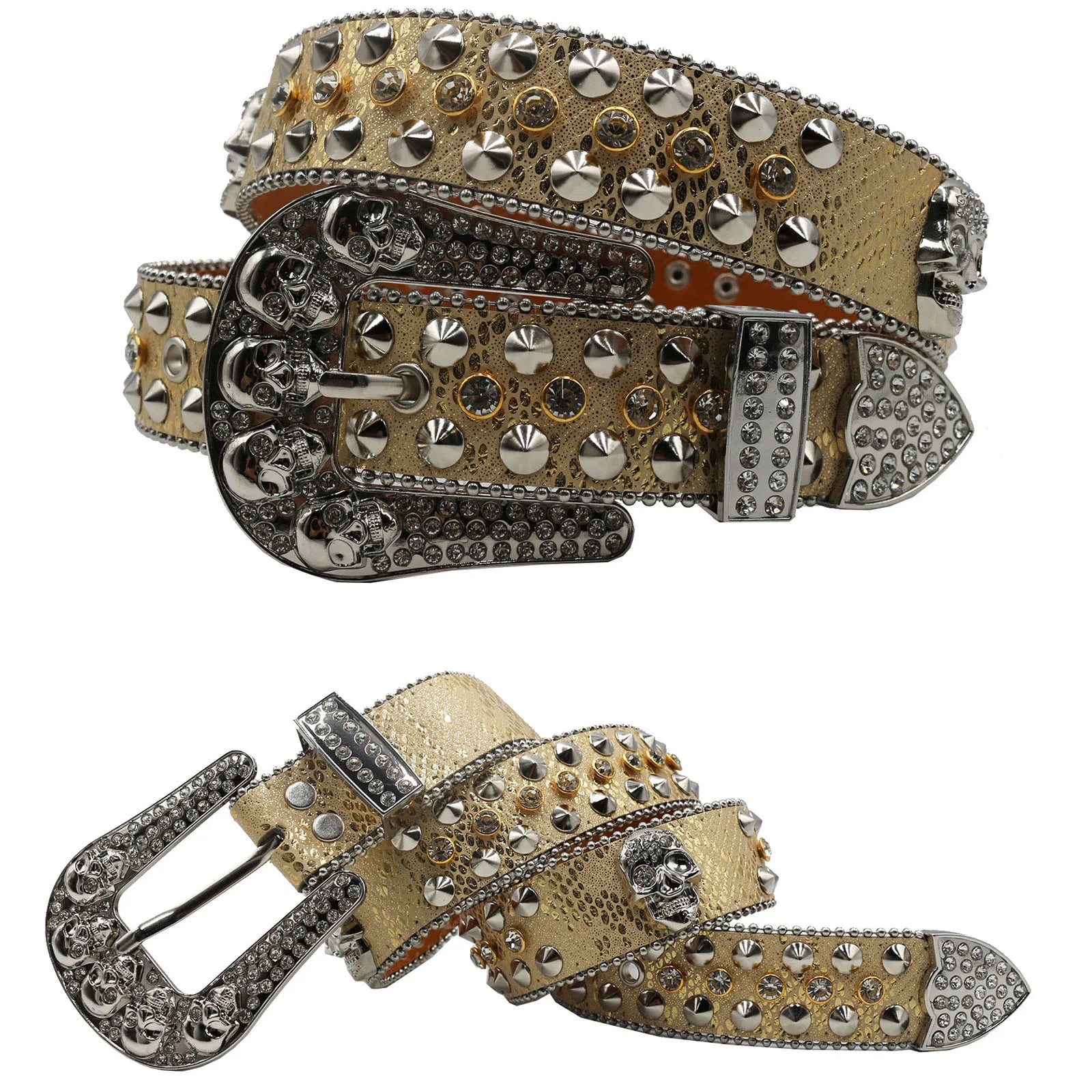 Skull Rhinestone Cowboy Belt – European & American Style Pin Buckle belt LUNARITY GARAGE JD-5Skull-Gold 125cm