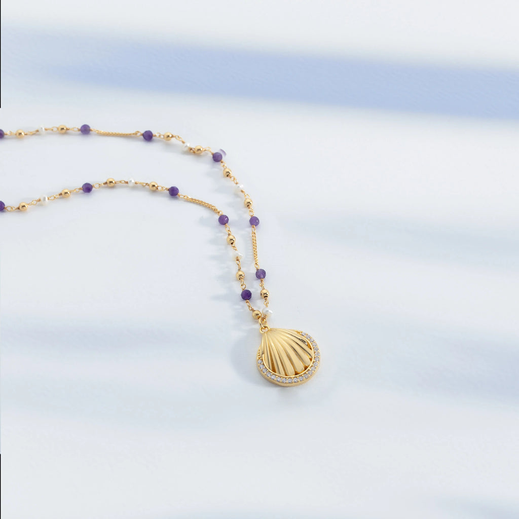 Shell Necklace – Gold-Plated Silver with Pearl - Amethyst Chain Necklace LUNARITY GARAGE
