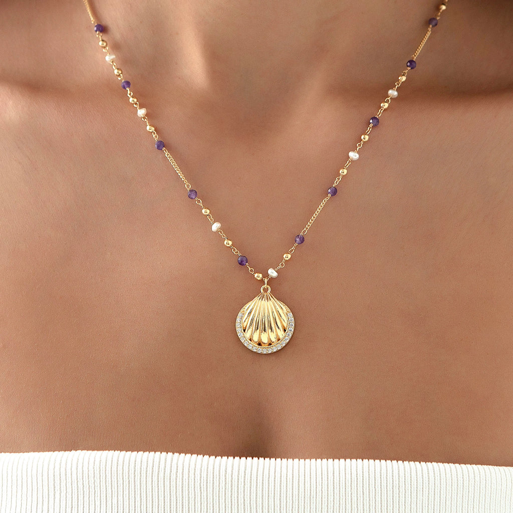 Shell Necklace – Gold-Plated Silver with Pearl - Amethyst Chain Necklace LUNARITY GARAGE