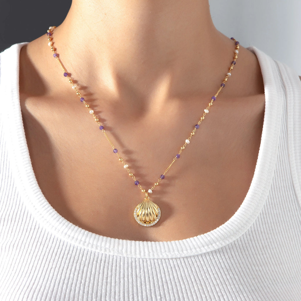 Shell Necklace – Gold-Plated Silver with Pearl - Amethyst Chain Necklace LUNARITY GARAGE