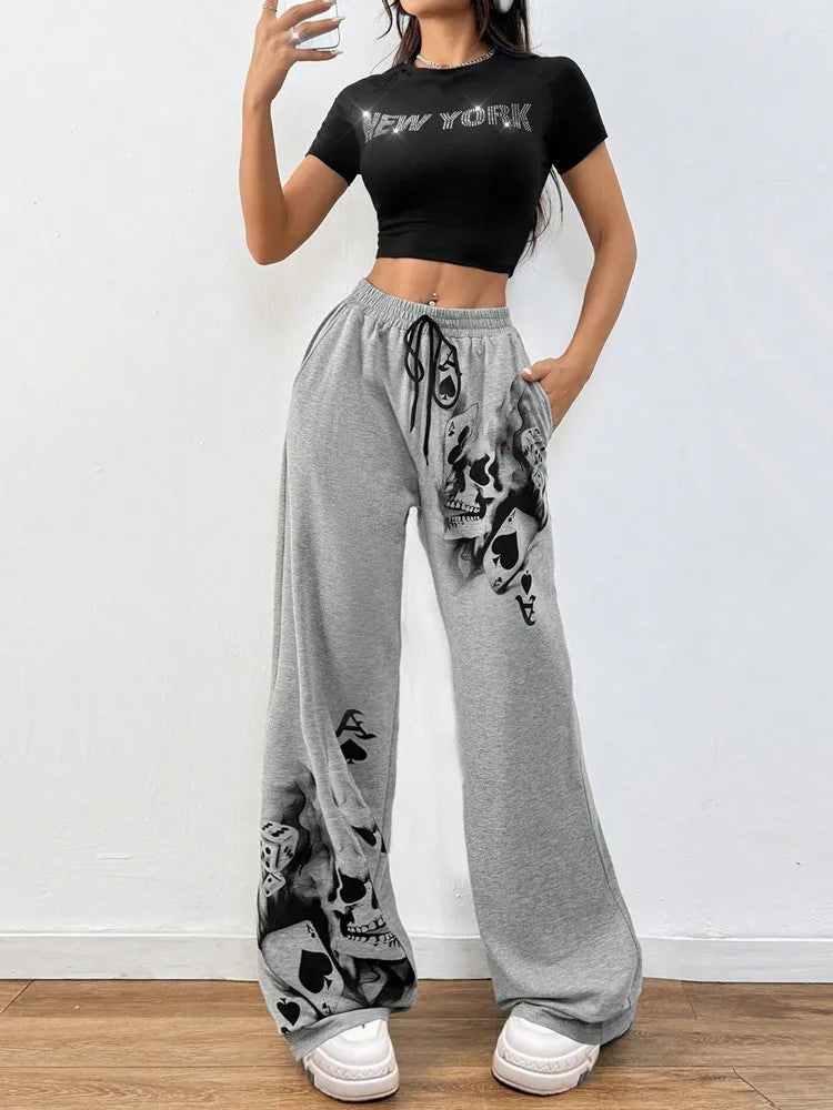 Gothic Drawstring Skulls Print Straight Pants Pants Lunarity Garage   