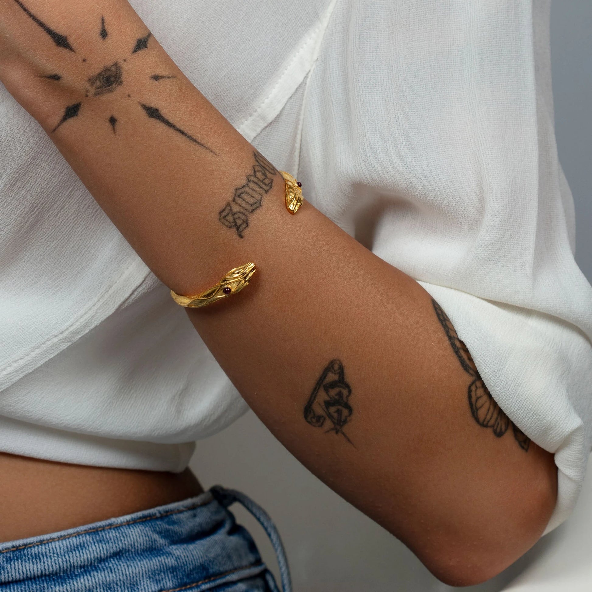 Snake Vintage Bracelet - Gold Plated Bronze with Garnet Stone bracelets LUNARITY GARAGE