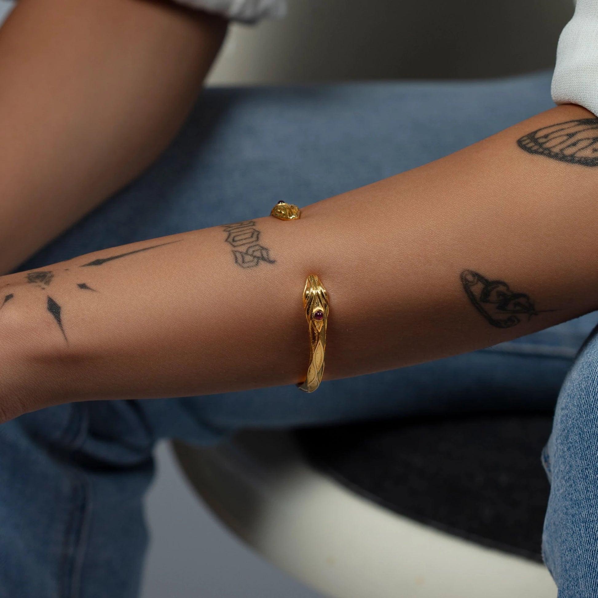 Snake Vintage Bracelet - Gold Plated Bronze with Garnet Stone bracelets LUNARITY GARAGE