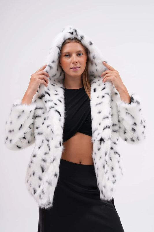 Snow Leopard Hooded Faux Fur Coat – White faux fur jacket LUNARITY GARAGE