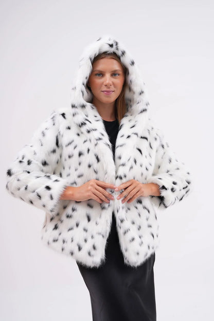 Snow Leopard Hooded Faux Fur Coat – White faux fur jacket LUNARITY GARAGE