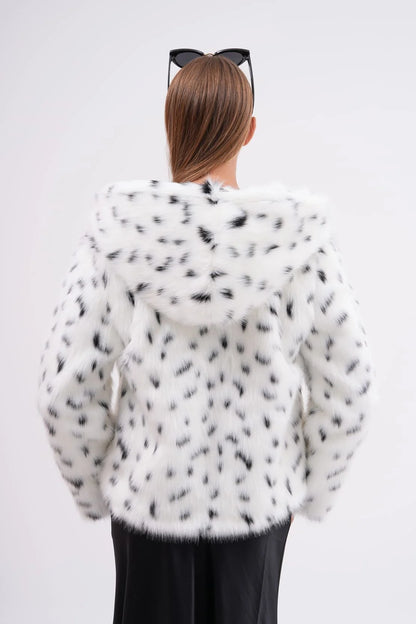 Snow Leopard Hooded Faux Fur Coat – White faux fur jacket LUNARITY GARAGE