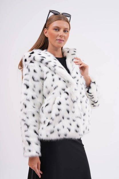 Snow Leopard Hooded Faux Fur Coat – White faux fur jacket LUNARITY GARAGE