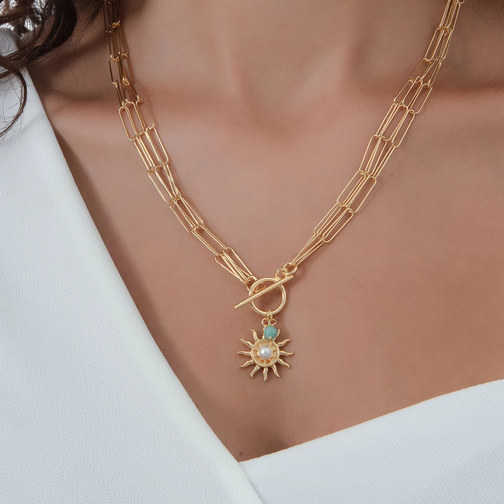 Sun Necklace – Gold-Plated Silver with Freshwater Pearl and Amazonite Necklace LUNARITY GARAGE