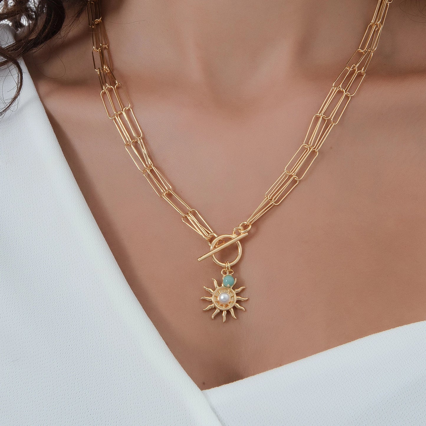 Sun Necklace – Gold-Plated Silver with Freshwater Pearl and Amazonite Necklace LUNARITY GARAGE