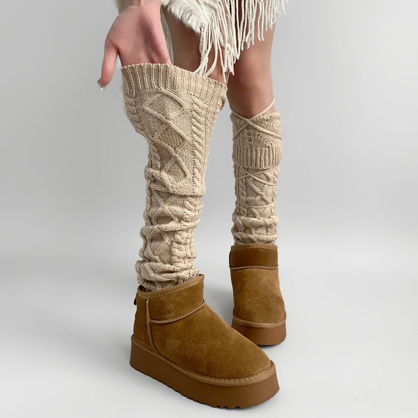 Y2K Lace-Up Knitted Wool Leg Warmers Leg warmer Lunarity Garage Khaki 63cm 