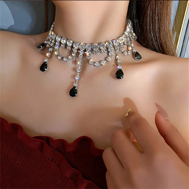 Black Water Drop Crystal Choker Necklace Necklace Lunarity Garage   