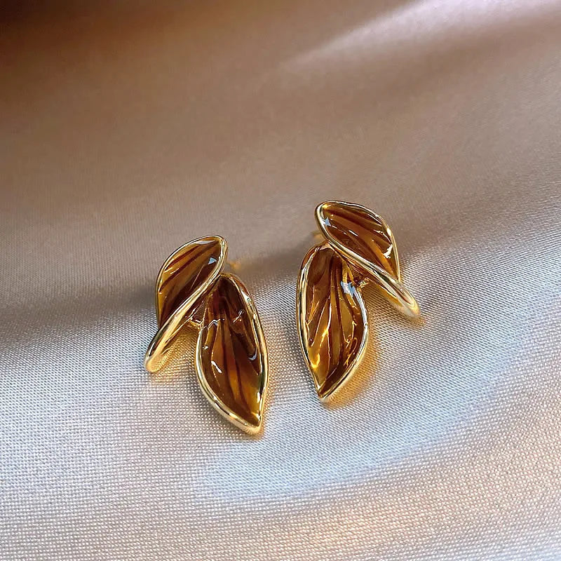 Brown Leaf Geometry Stud Earrings - Trendy Metal Plant-Inspired Push-Back Studs Earrings Lunarity Garage   