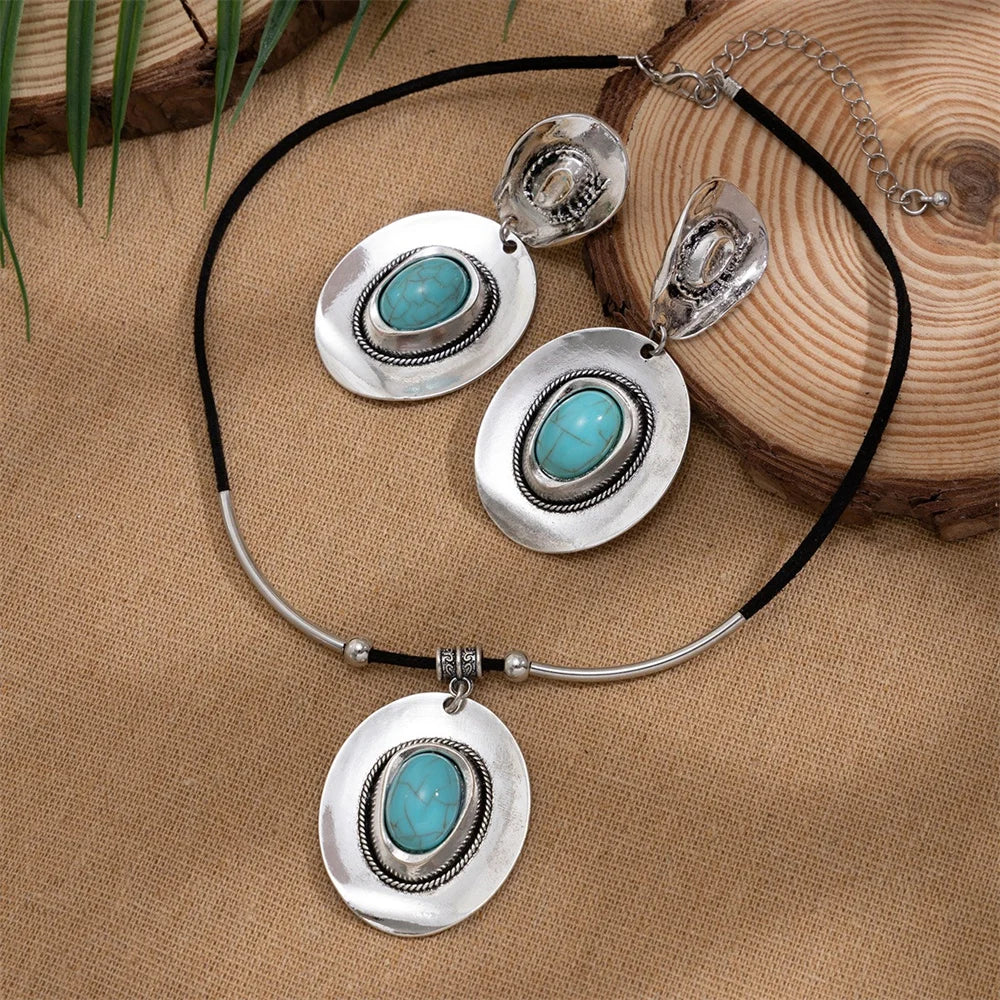 Creative Metal Cowboy Hat Pendant Necklace – Vintage Turquoise Jewelry Set Jewelry Set LUNARITY GARAGE