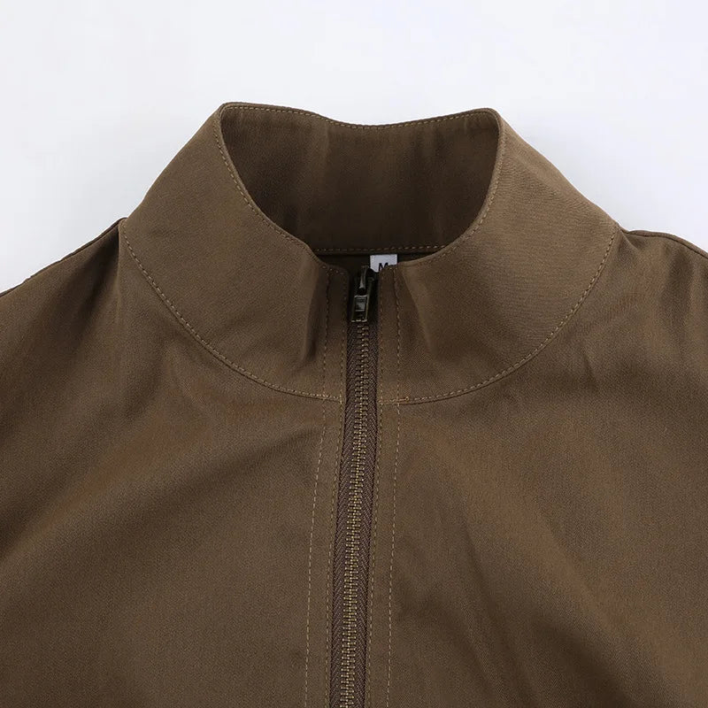 Vintage Y2K Brown Crop Bomber Jacket Turtleneck Zip-Up Fall Winter Coat Jackets Lunarity Garage