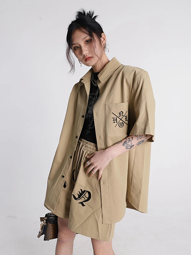 Khaki Streetwear Fashion Summer Workwear Shirt Shorts Set Men And Women Clothing Loose American Letter Embroidered Two Piece Set Clothing Set Lunarity Garage