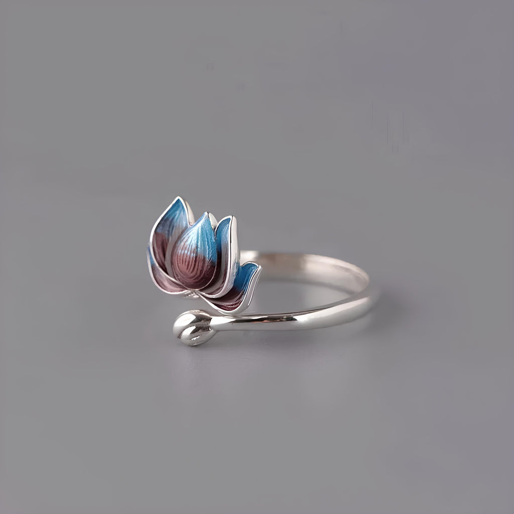 Vintage Blue Blooming Lotus Open Ring Ring Lunarity Garage   