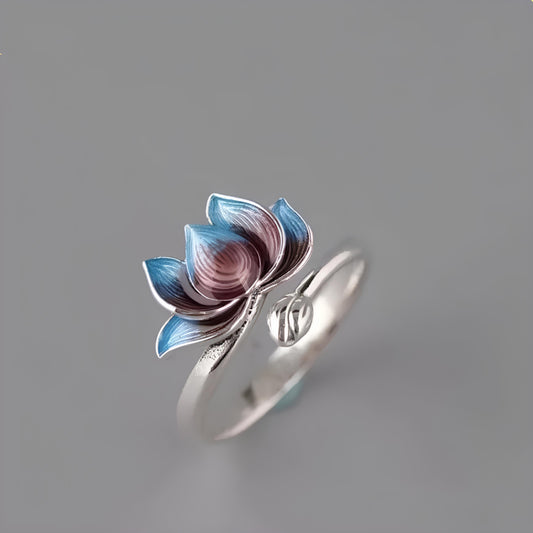 Vintage Blue Blooming Lotus Open Ring Ring Lunarity Garage   