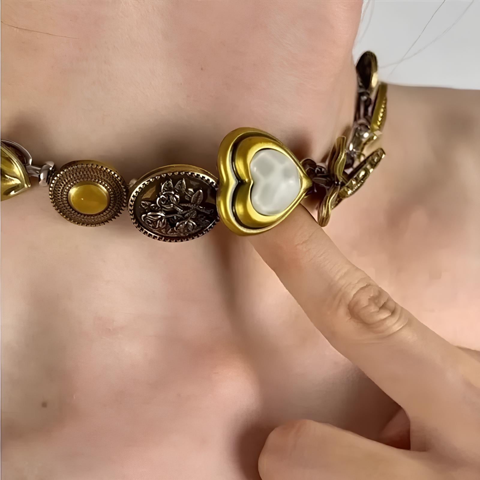 Vintage Brass Heart Button Choker Retro Beaded Short Necklace Necklace Lunarity Garage   