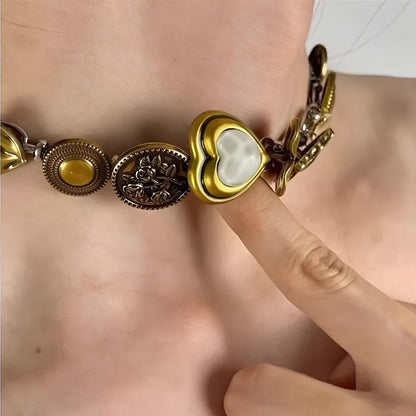 Vintage Brass Heart Button Choker Retro Beaded Short Necklace Necklace Lunarity Garage   