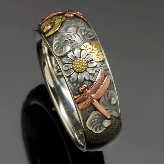 Vintage Silver and Rose Gold Carved Dragonfly Sunflower Ring Ring Lunarity Garage   