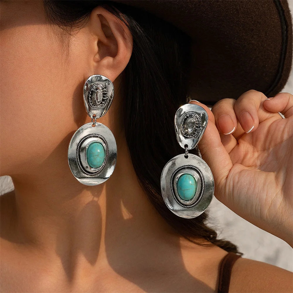 Creative Metal Cowboy Hat Pendant Necklace – Vintage Turquoise Jewelry Set Jewelry Set LUNARITY GARAGE Turquoise Earrings