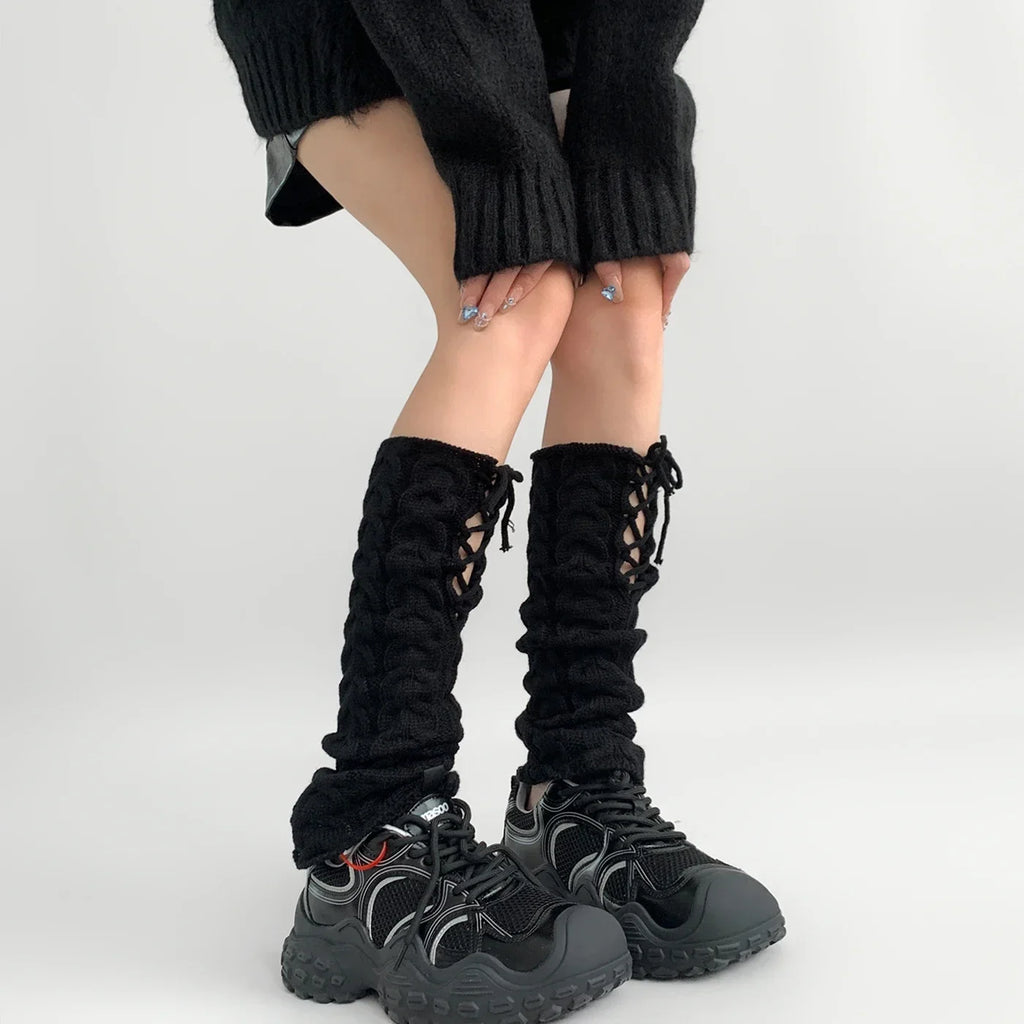 Y2K Harajuku Winter Style Strappy Knitted Leg Warmer Leg Warmers Lunarity Garage   
