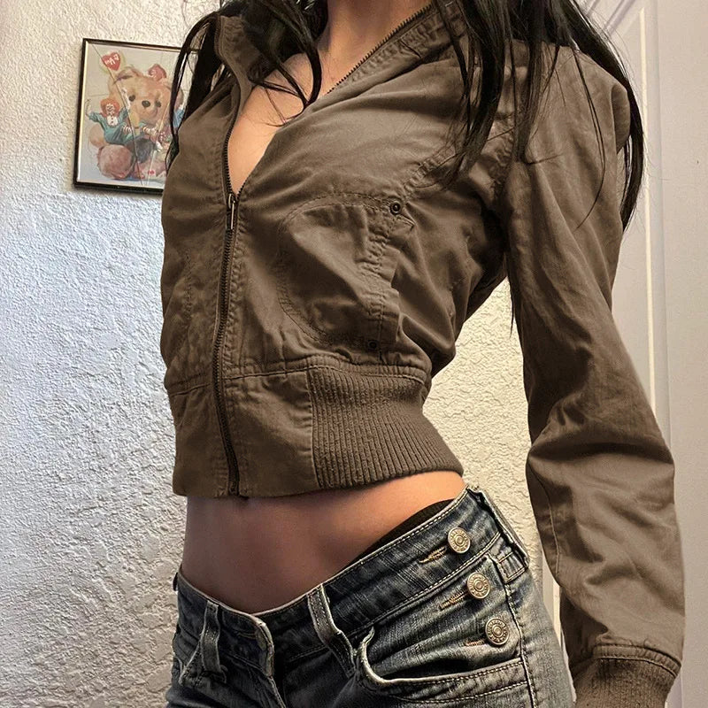 Vintage Y2K Brown Crop Bomber Jacket Turtleneck Zip-Up Fall Winter Coat Jackets Lunarity Garage