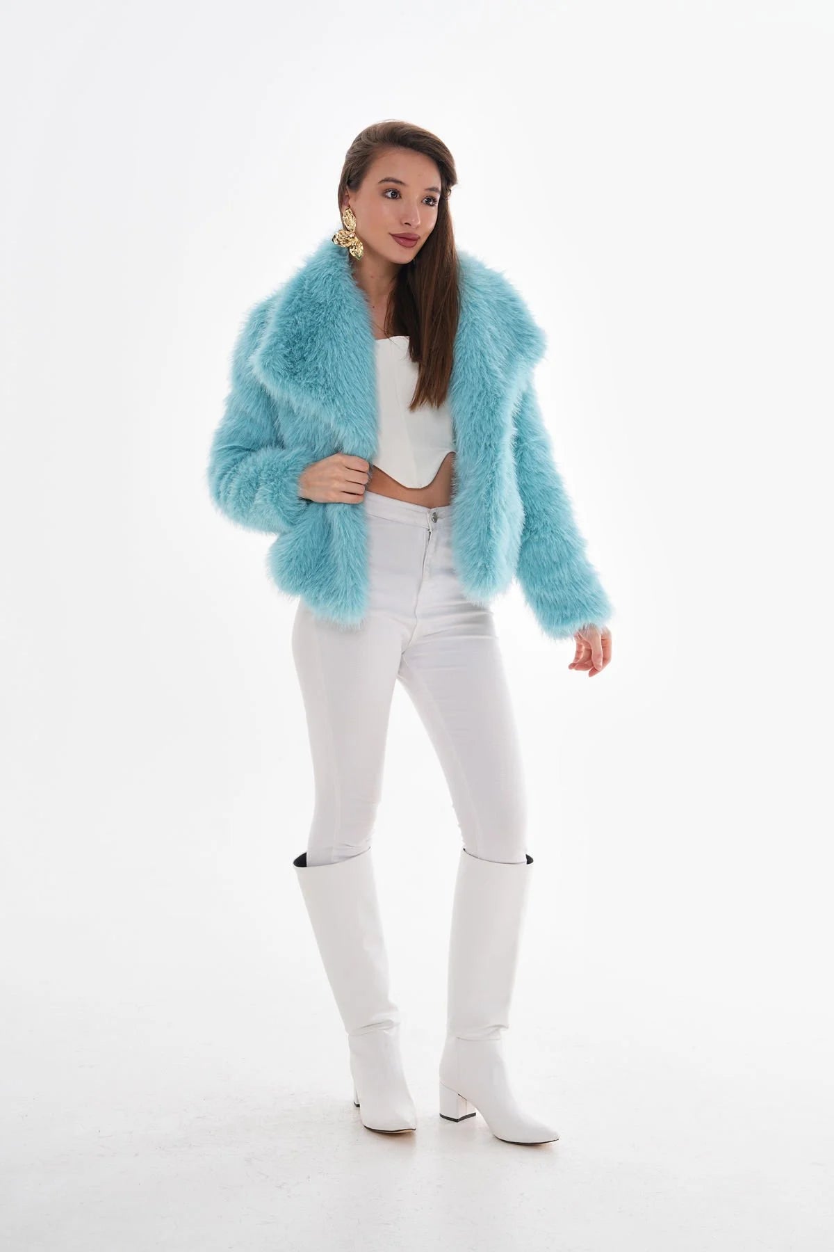 Wide Collar Faux Fur Coat – Light Blue faux fur jacket LUNARITY GARAGE