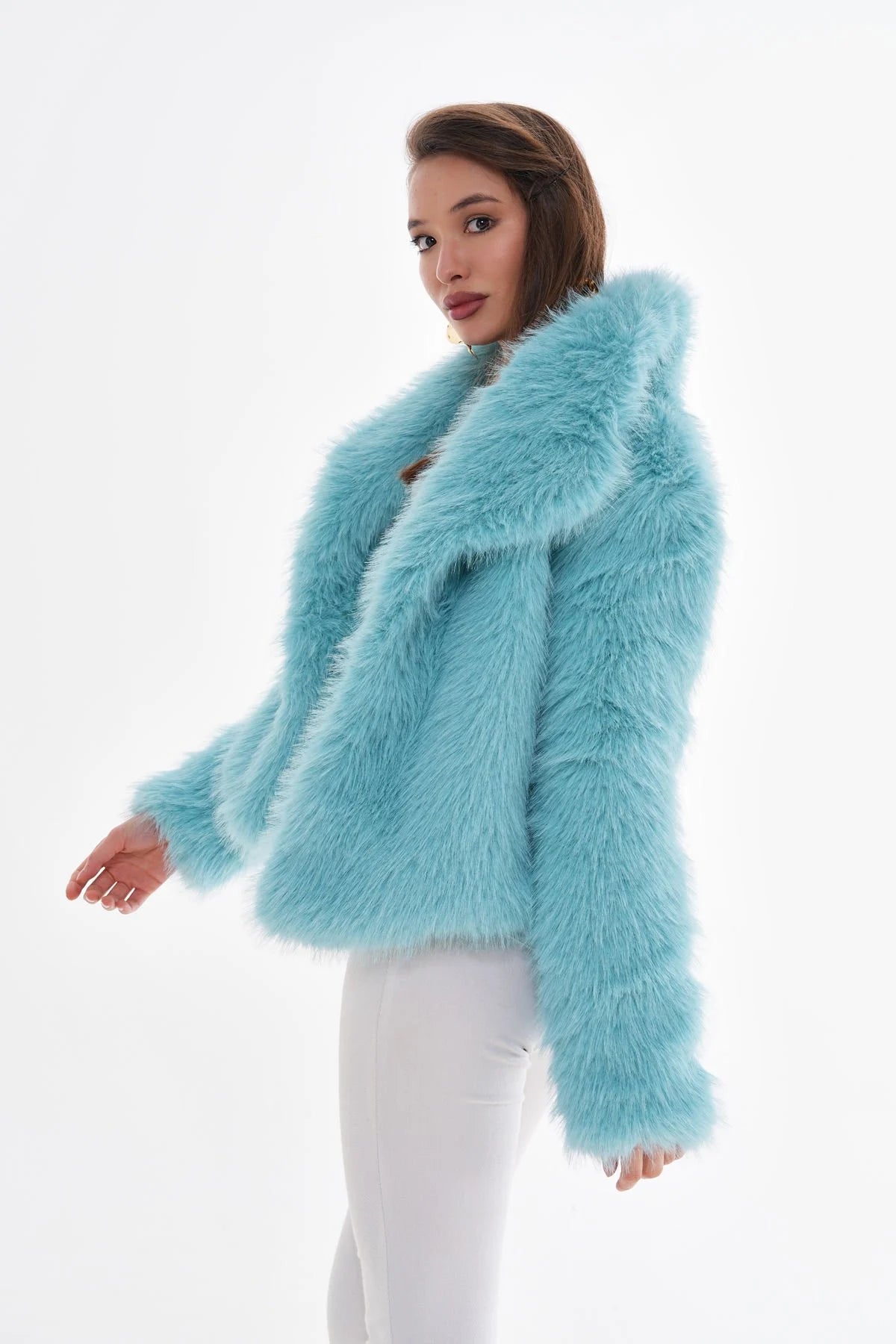 Wide Collar Faux Fur Coat – Light Blue faux fur jacket LUNARITY GARAGE