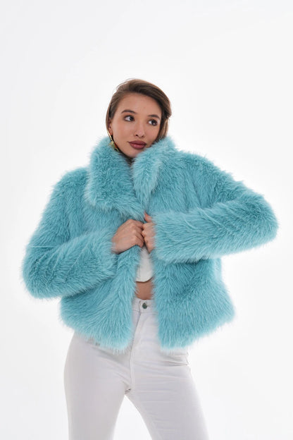 Wide Collar Faux Fur Coat – Light Blue faux fur jacket LUNARITY GARAGE Small