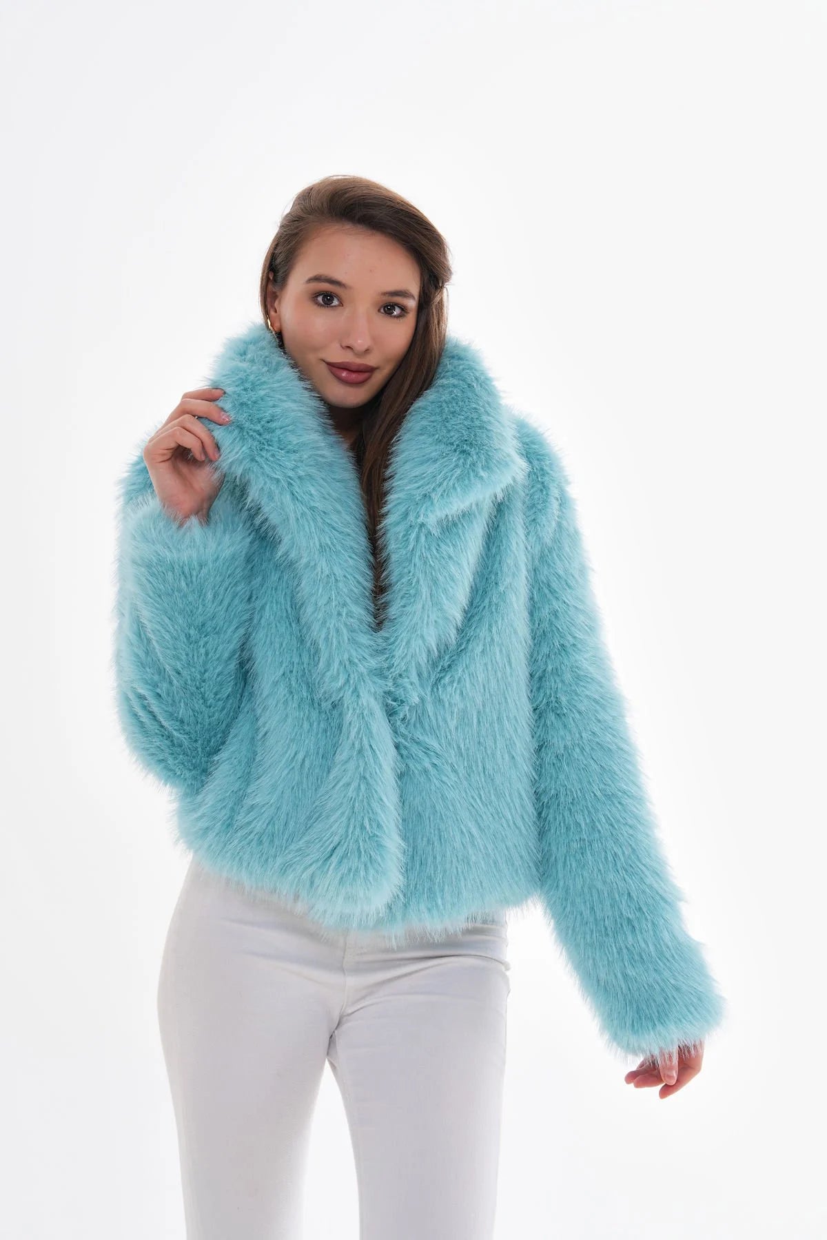 Wide Collar Faux Fur Coat – Light Blue faux fur jacket LUNARITY GARAGE