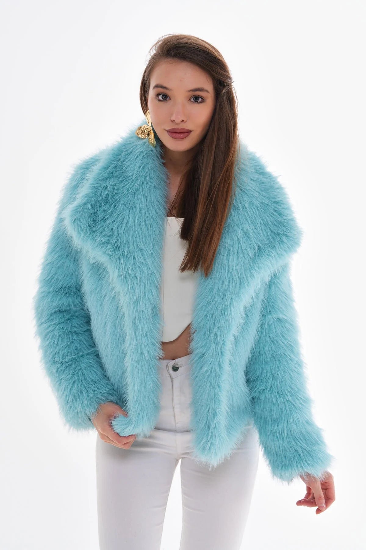 Wide Collar Faux Fur Coat – Light Blue faux fur jacket LUNARITY GARAGE