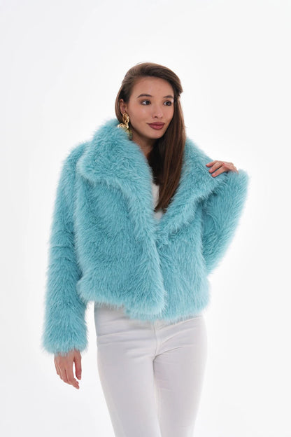 Wide Collar Faux Fur Coat – Light Blue faux fur jacket LUNARITY GARAGE