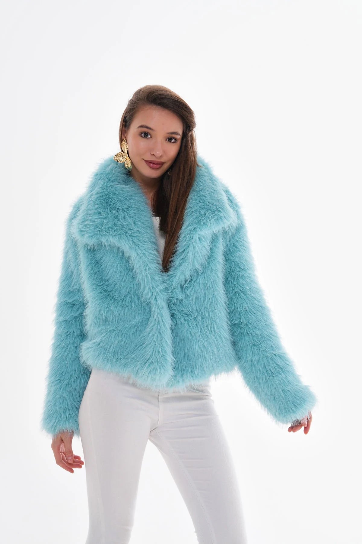 Wide Collar Faux Fur Coat – Light Blue faux fur jacket LUNARITY GARAGE