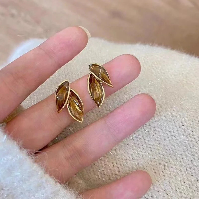 Brown Leaf Geometry Stud Earrings - Trendy Metal Plant-Inspired Push-Back Studs Earrings Lunarity Garage