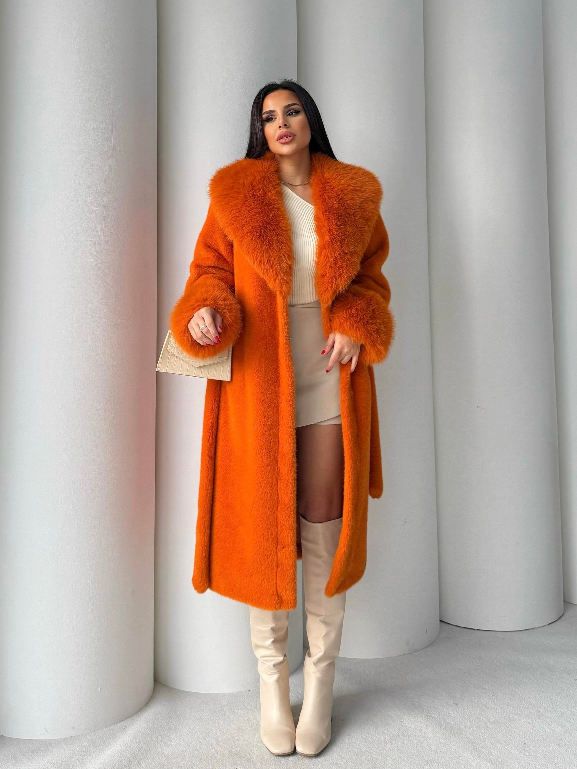 Women's Angora Long Fur Coat – Oversized Fit with Detachable Belt fur coat LUNARITY GARAGE Standard Orange