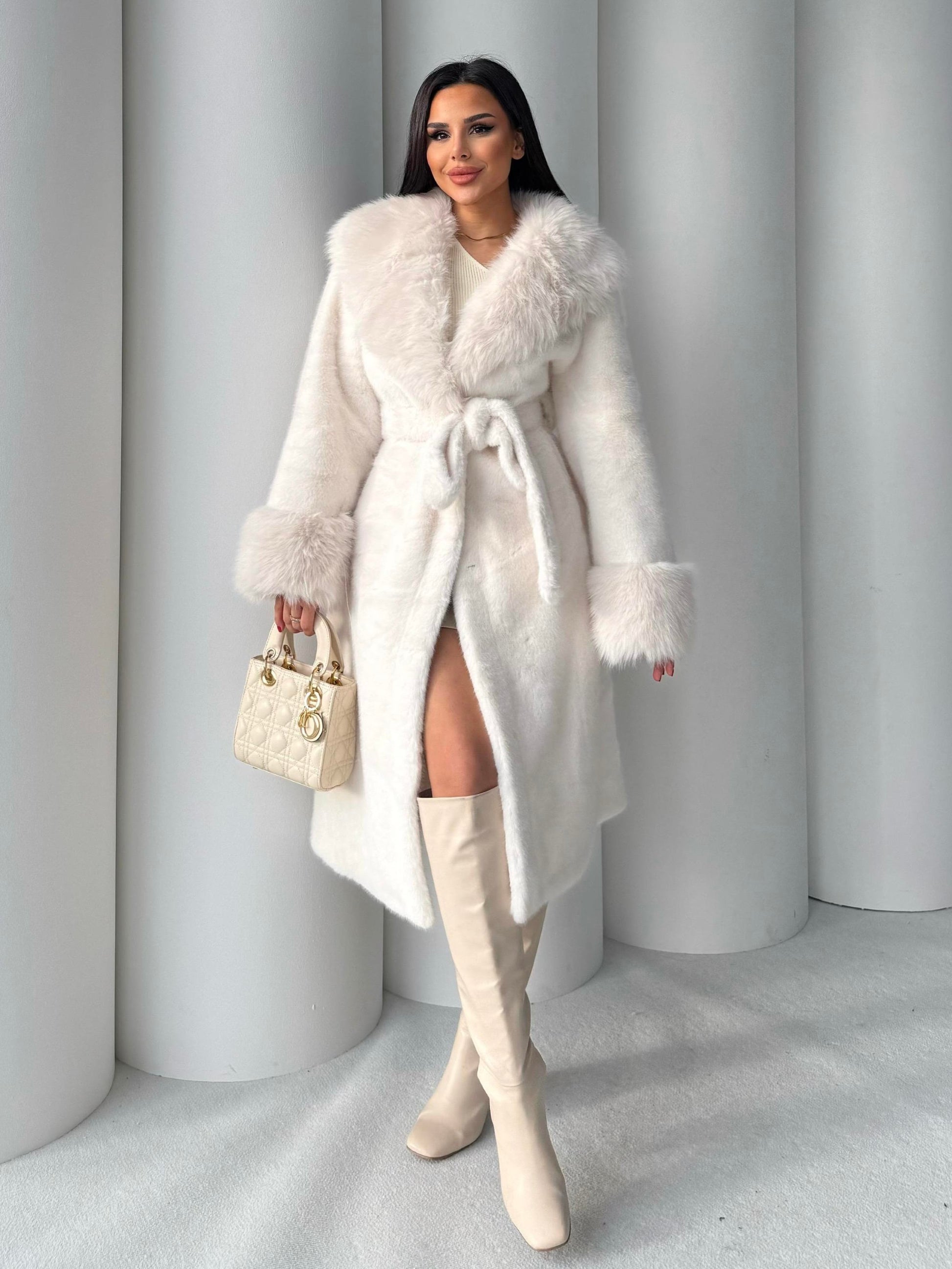 Women's Angora Long Fur Coat – Oversized Fit with Detachable Belt fur coat LUNARITY GARAGE Standard White