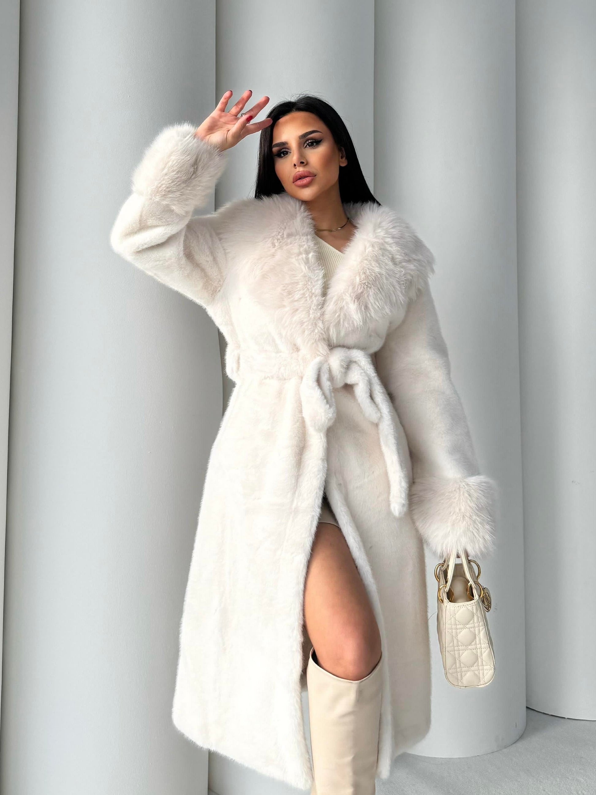 Women's Angora Long Fur Coat – Oversized Fit with Detachable Belt fur coat LUNARITY GARAGE