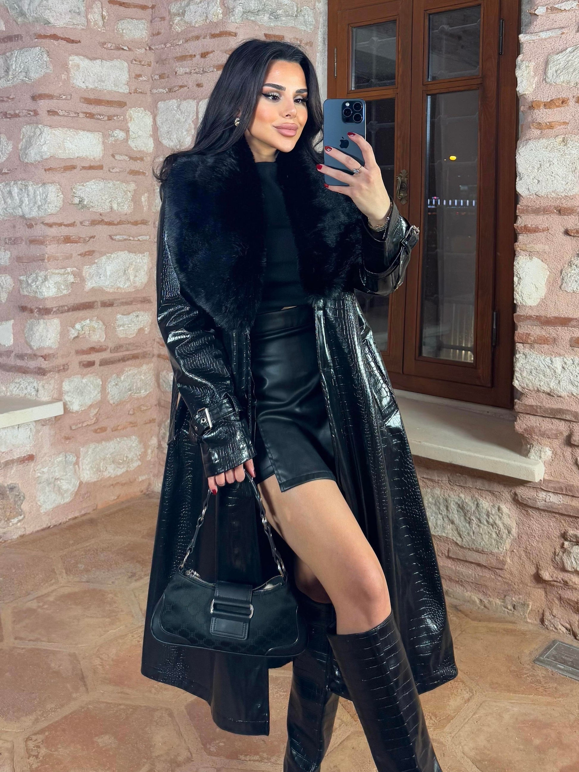 Women's Croco Faux Leather Long Coat with Fur Collar coat LUNARITY GARAGE