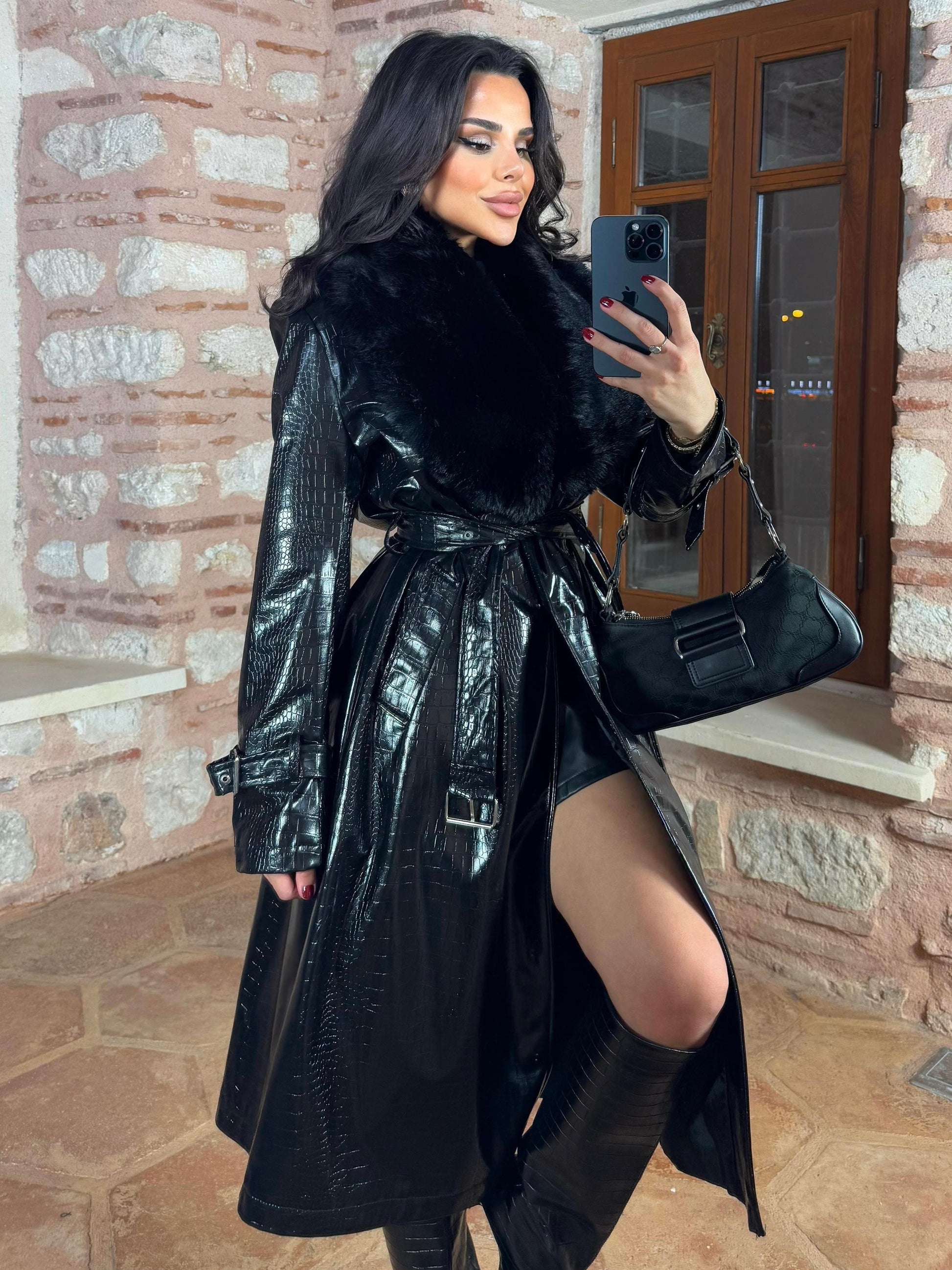 Women's Croco Faux Leather Long Coat with Fur Collar coat LUNARITY GARAGE