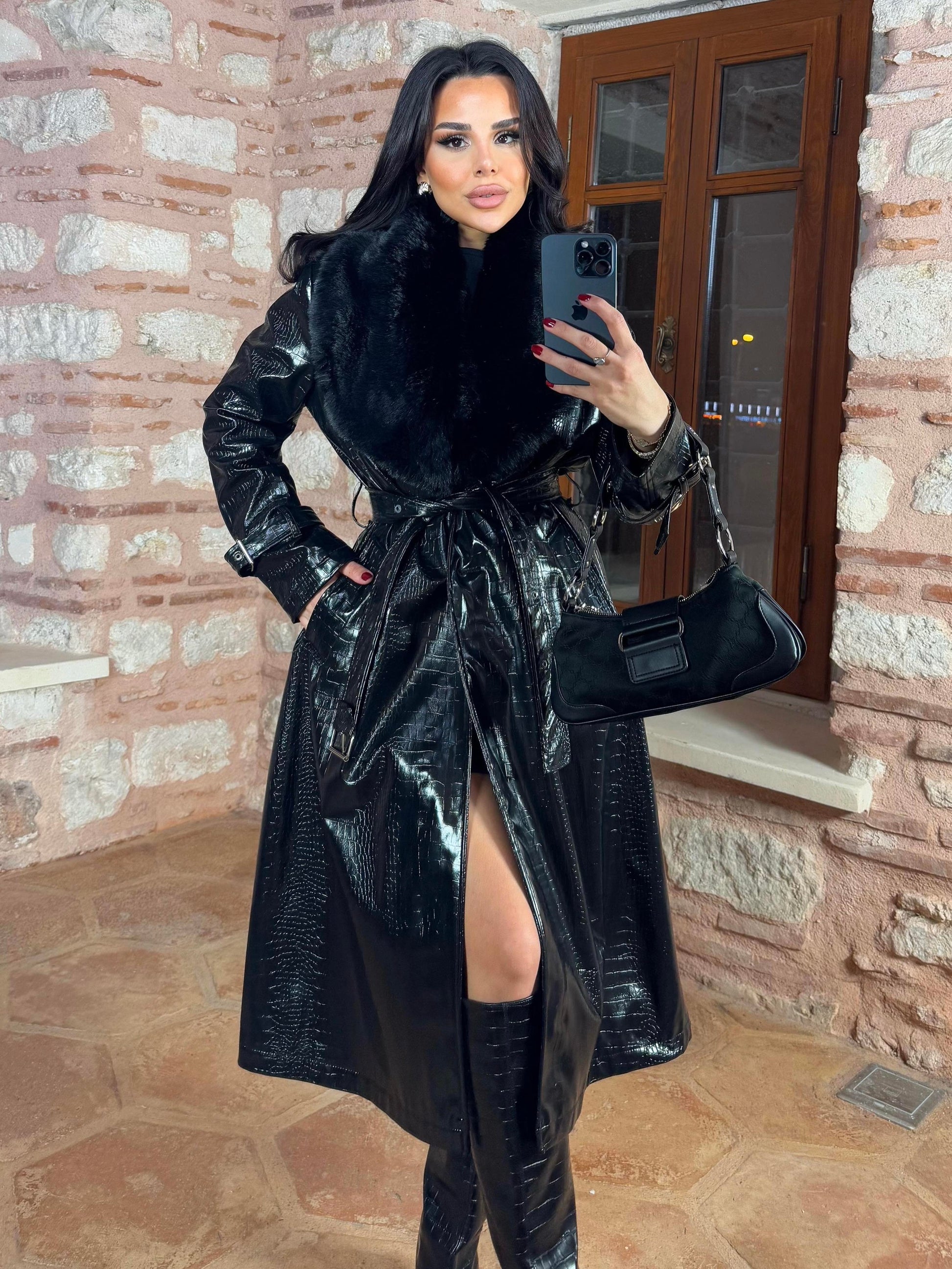 Women's Croco Faux Leather Long Coat with Fur Collar coat LUNARITY GARAGE Small
