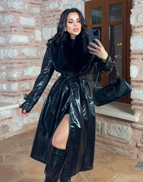 Women's Croco Faux Leather Long Coat with Fur Collar coat LUNARITY GARAGE