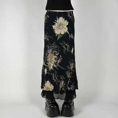 Y2K Aesthetic Floral Print Double Layer Mesh A-Line Fairy Skirt Skirts Lunarity Garage Black S 