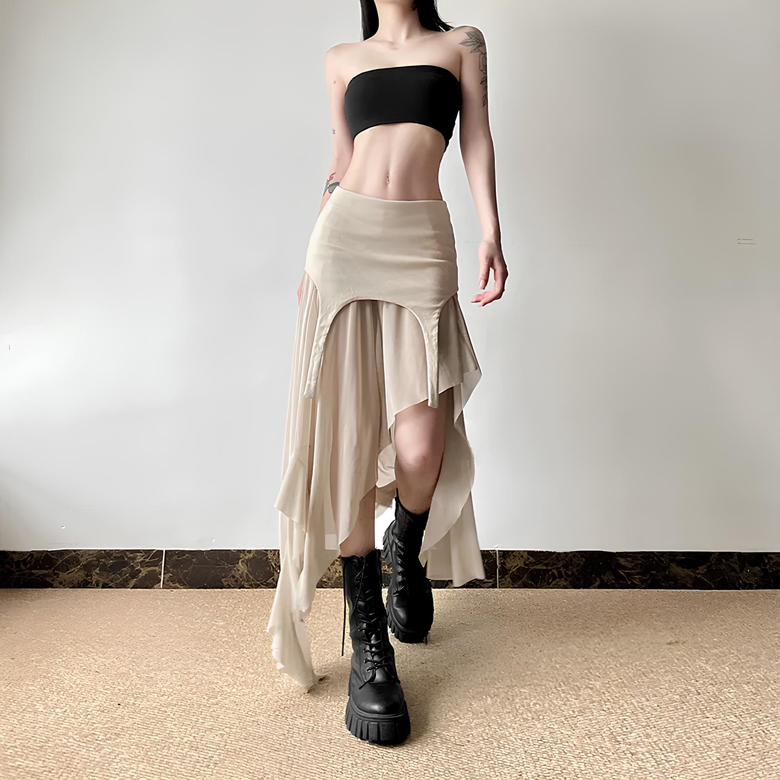 Y2K Harajuku Cyber Mesh Patchwork Irregular Hem Skirt Skirts Lunarity Garage Khaki S