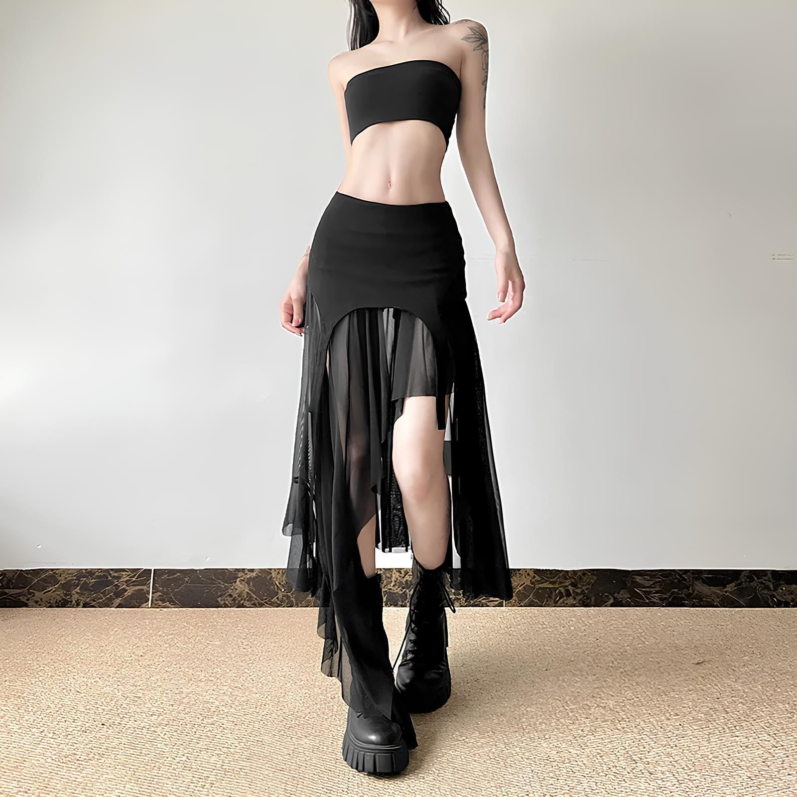 Y2K Harajuku Cyber Mesh Patchwork Irregular Hem Skirt Skirts Lunarity Garage   