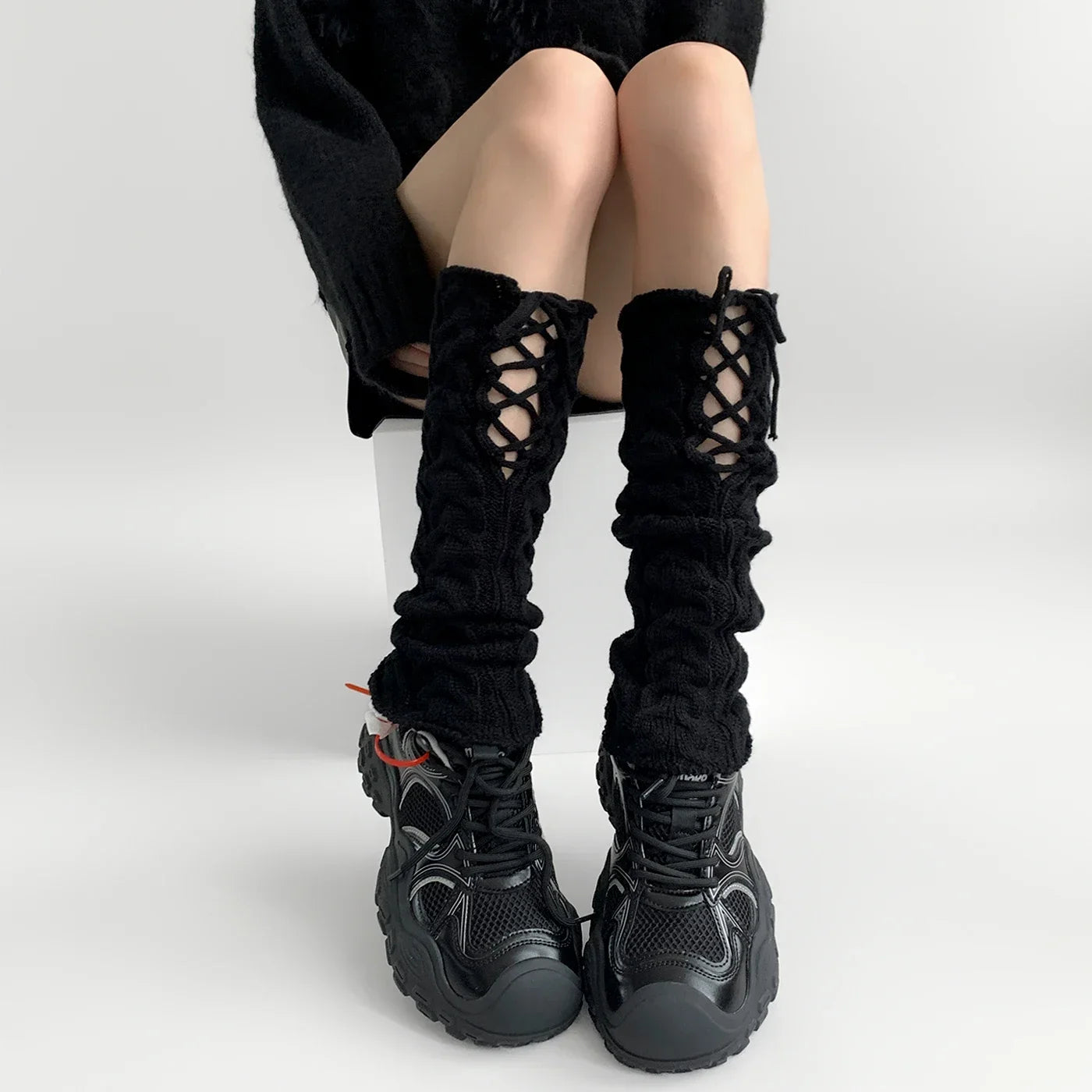 Y2K Harajuku Winter Style Strappy Knitted Leg Warmer Leg Warmers Lunarity Garage Black 40cm
