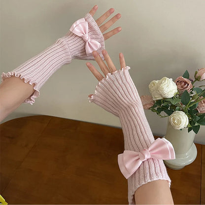 Y2K Lolita Knitted Bow Tie Fingerless Gloves Gloves Lunarity Garage Pink One Size 