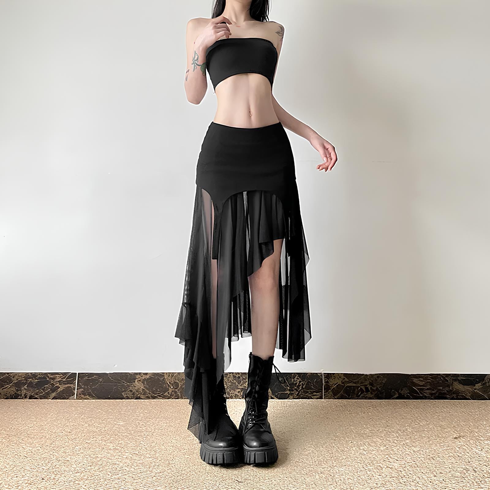 Y2K Harajuku Cyber Mesh Patchwork Irregular Hem Skirt Skirts Lunarity Garage Black S